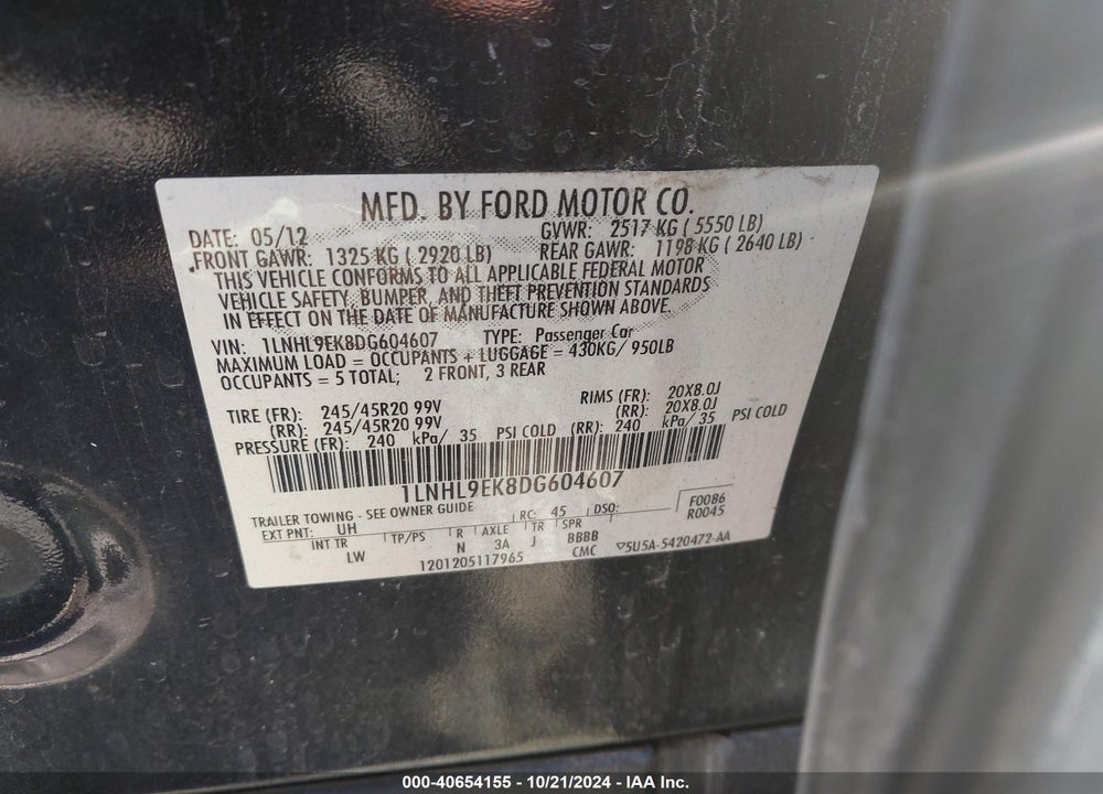 2013 LINCOLN MKS VIN: 1LNHL9EK8DG604607