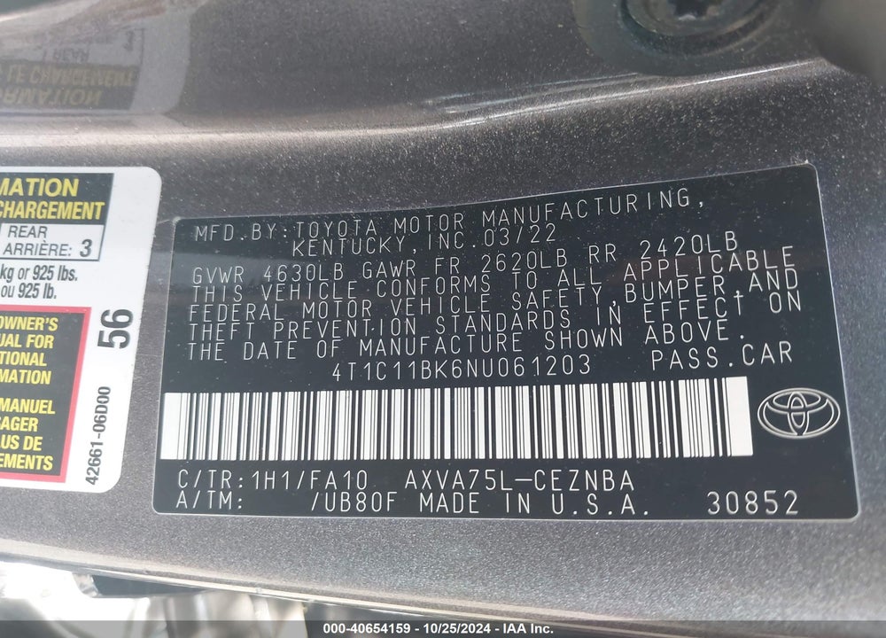 2022 TOYOTA CAMRY LE AWD VIN: 4T1C11BK6NU061203
