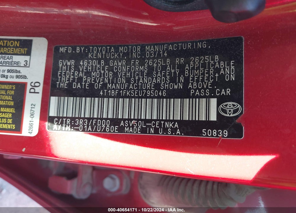 2014 TOYOTA CAMRY LE VIN: 4T1BF1FK5EU795046