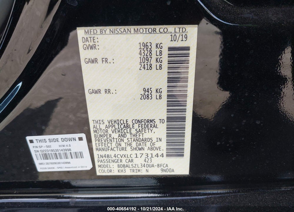 2020 NISSAN ALTIMA SR FWD VIN: 1N4BL4CVXLC173144