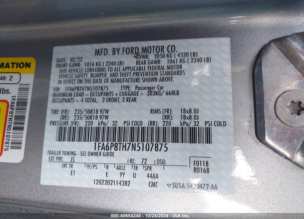 2022 FORD MUSTANG ECOBOOST PREMIUM VIN: 1FA6P8TH7N5107875