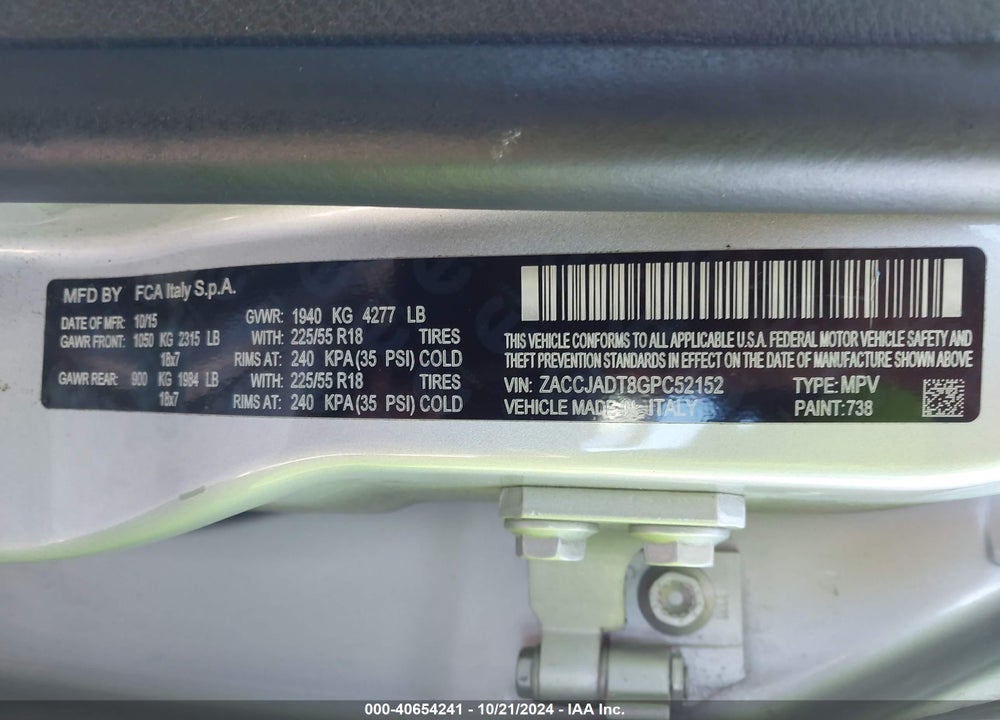 2016 JEEP RENEGADE LIMITED VIN: ZACCJADT8GPC52152