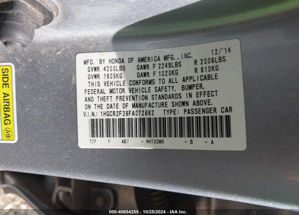 2015 HONDA ACCORD LX VIN: 1HGCR2F38FA072892