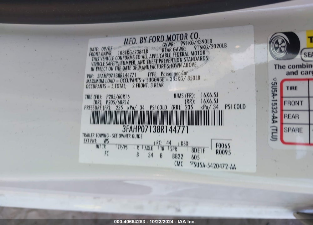2008 FORD FUSION SE VIN: 3FAHP07138R144771