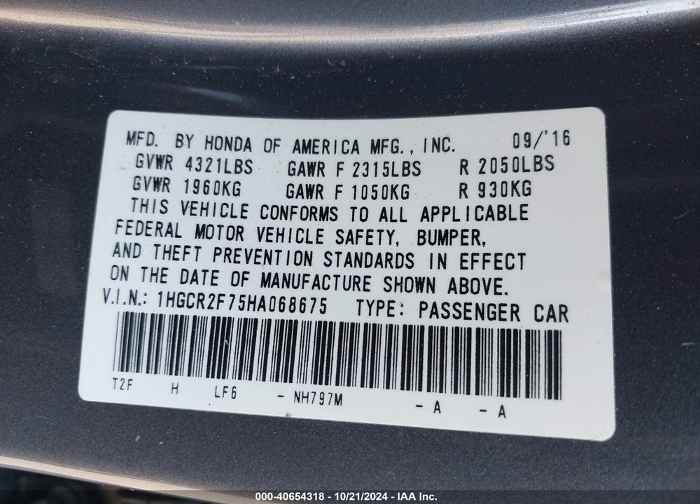 2017 HONDA ACCORD EX VIN: 1HGCR2F75HA068675