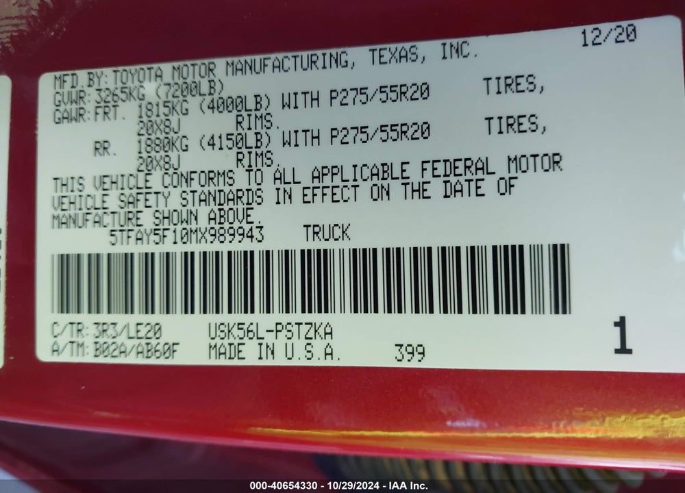 2021 TOYOTA TUNDRA PLATINUM VIN: 5TFAY5F10MX989943