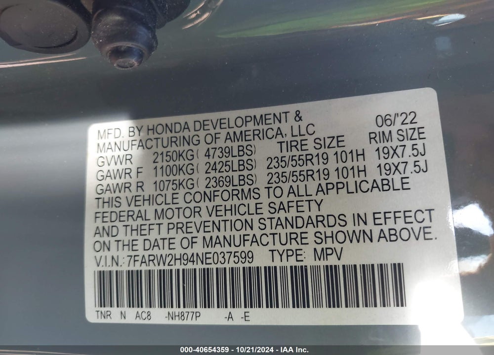 2022 HONDA CR-V AWD TOURING VIN: 7FARW2H94NE037599