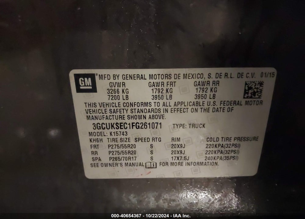 2015 CHEVROLET SILVERADO 1500 2LZ VIN: 3GCUKSEC1FG261071