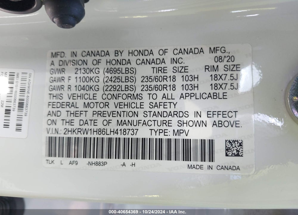 2020 HONDA CR-V 2WD EX-L VIN: 2HKRW1H86LH418737