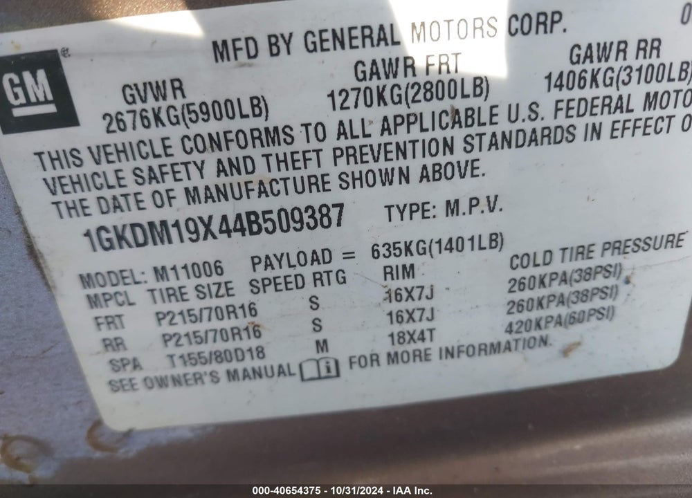 2004 GMC SAFARI VIN: 1GKDM19X44B509387