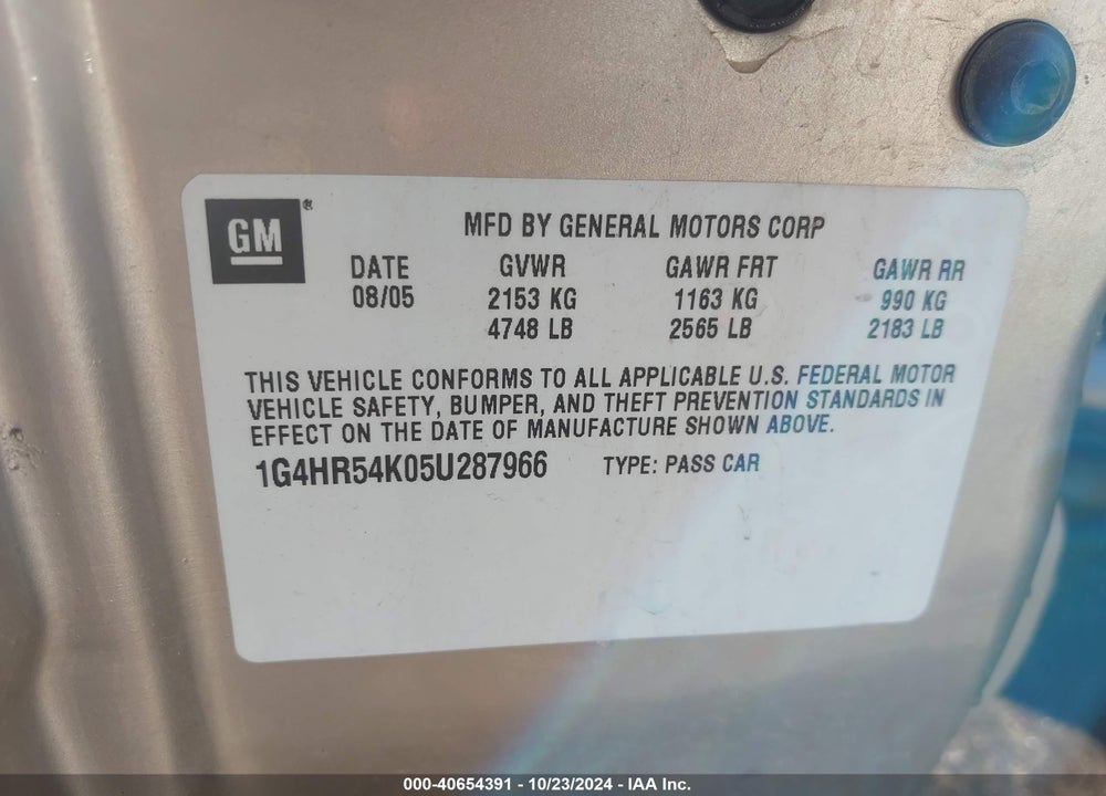 2005 BUICK LESABRE LIMITED VIN: 1G4HR54K05U287966