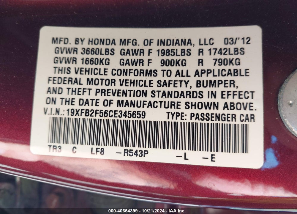 2012 HONDA CIVIC SDN LX VIN: 19XFB2F56CE345659