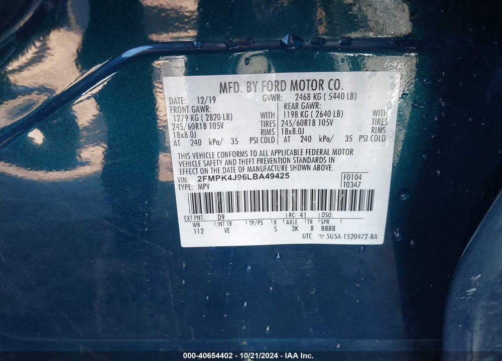 2020 FORD EDGE SEL VIN: 2FMPK4J96LBA49425