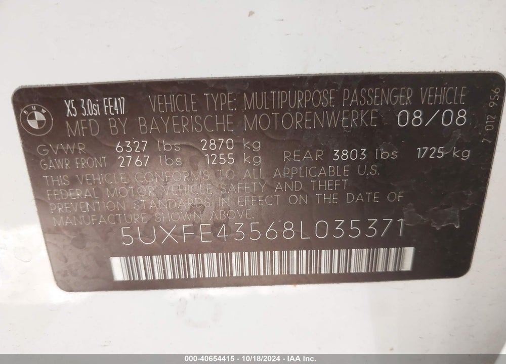 2008 BMW X5 3.0SI VIN: 5UXFE43568L035371