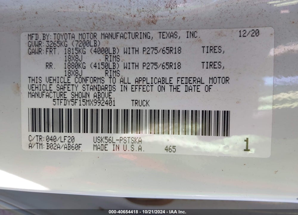 2021 TOYOTA TUNDRA TRD PRO VIN: 5TFDY5F15MX992401