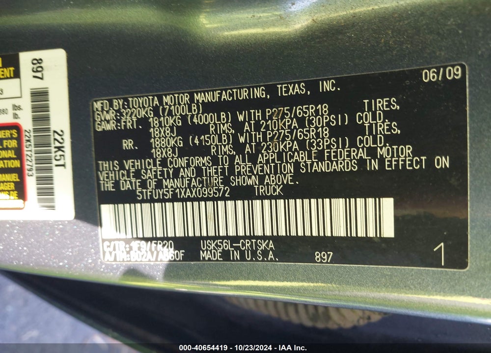 2010 TOYOTA TUNDRA GRADE 5.7L V8 VIN: 5TFUY5F1XAX099572
