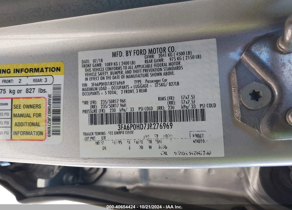 2018 FORD FUSION SE VIN: 3FA6P0HD7JR276969