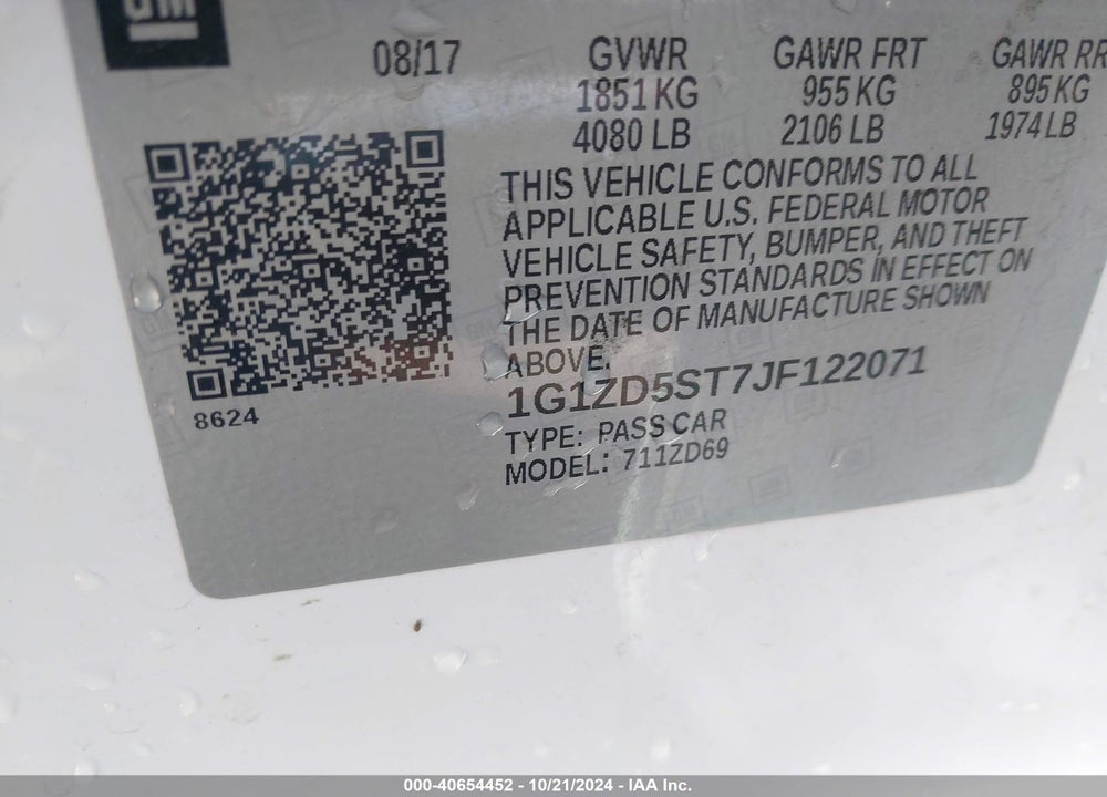 2018 CHEVROLET MALIBU LT VIN: 1G1ZD5ST7JF122071