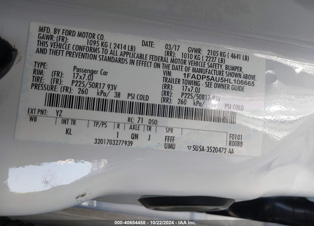 2017 FORD C-MAX HYBRID SE VIN: 1FADP5AU5HL106665