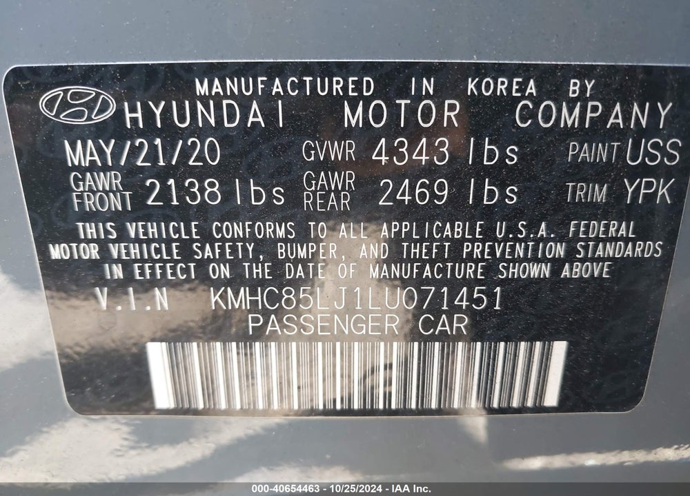 2020 HYUNDAI IONIQ ELECTRIC LIMITED VIN: KMHC85LJ1LU071451