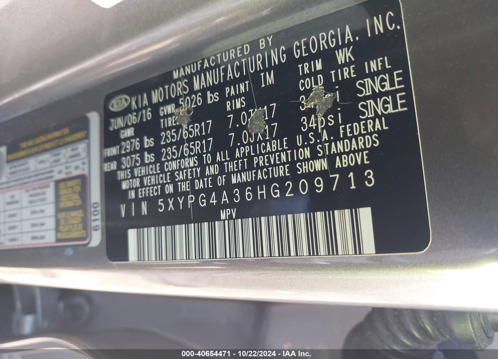 2017 KIA SORENTO 2.4L LX VIN: 5XYPG4A36HG209713