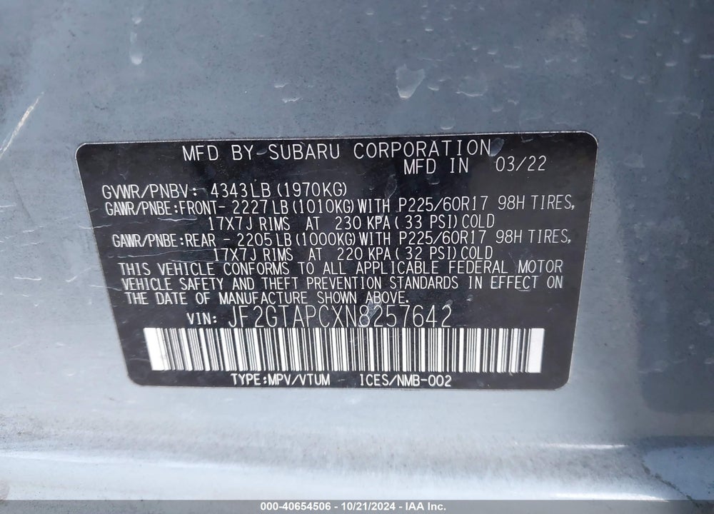 2022 SUBARU CROSSTREK PREMIUM VIN: JF2GTAPCXN8257642