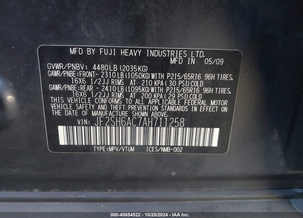 2010 SUBARU FORESTER 2.5X VIN: JF2SH6AC7AH711258