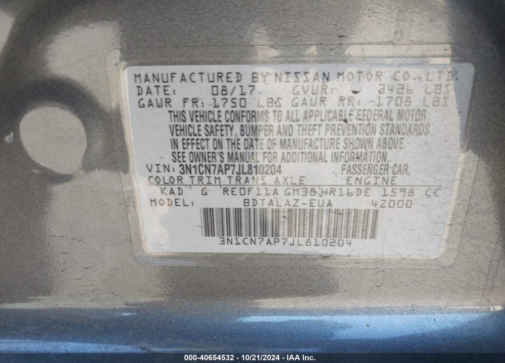 2018 NISSAN VERSA VIN: 3N1CN7AP7JL810204