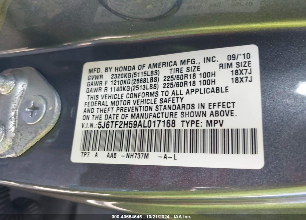 2010 HONDA ACCORD CROSSTOUR EX-L VIN: 5J6TF2H59AL017168