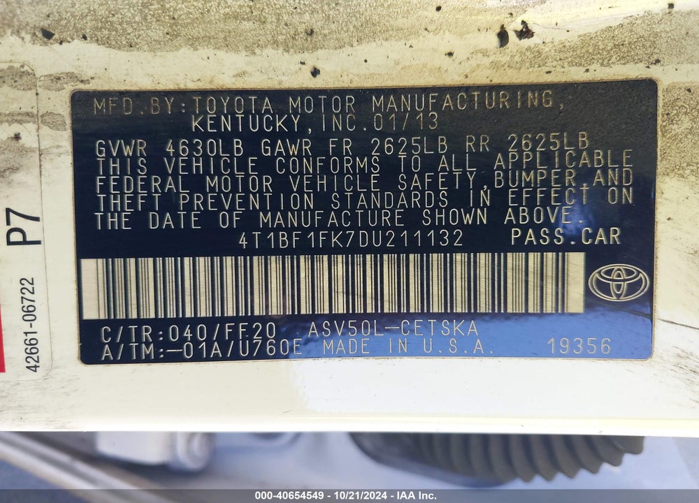 2013 TOYOTA CAMRY SE VIN: 4T1BF1FK7DU211132
