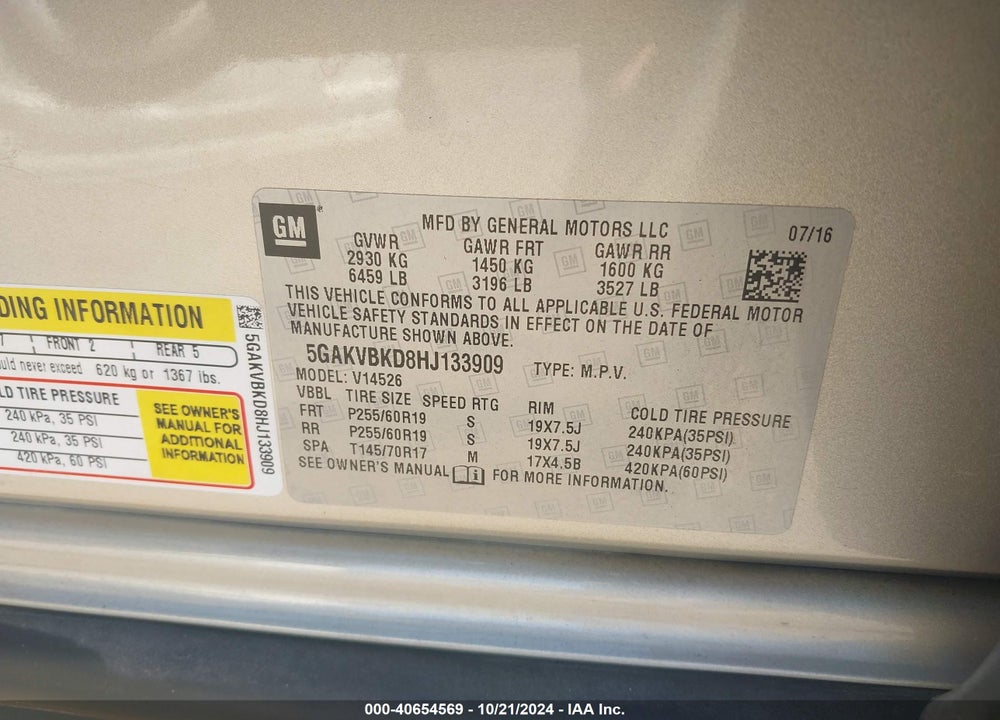 2017 BUICK ENCLAVE LEATHER VIN: 5GAKVBKD8HJ133909