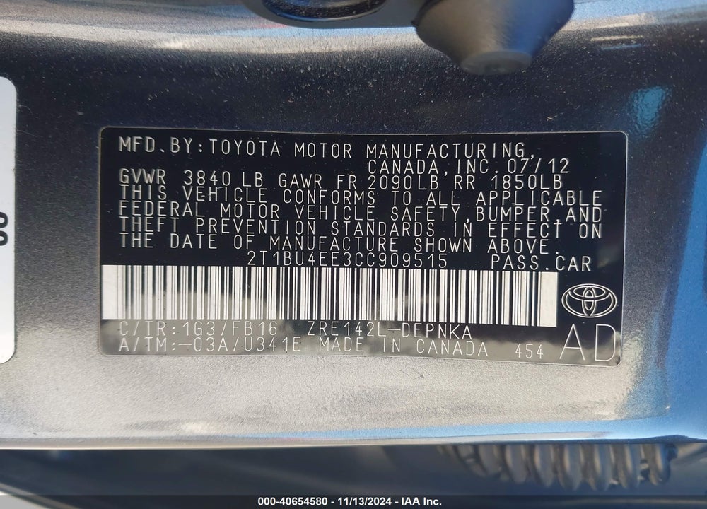 2012 TOYOTA COROLLA LE VIN: 2T1BU4EE3CC909515