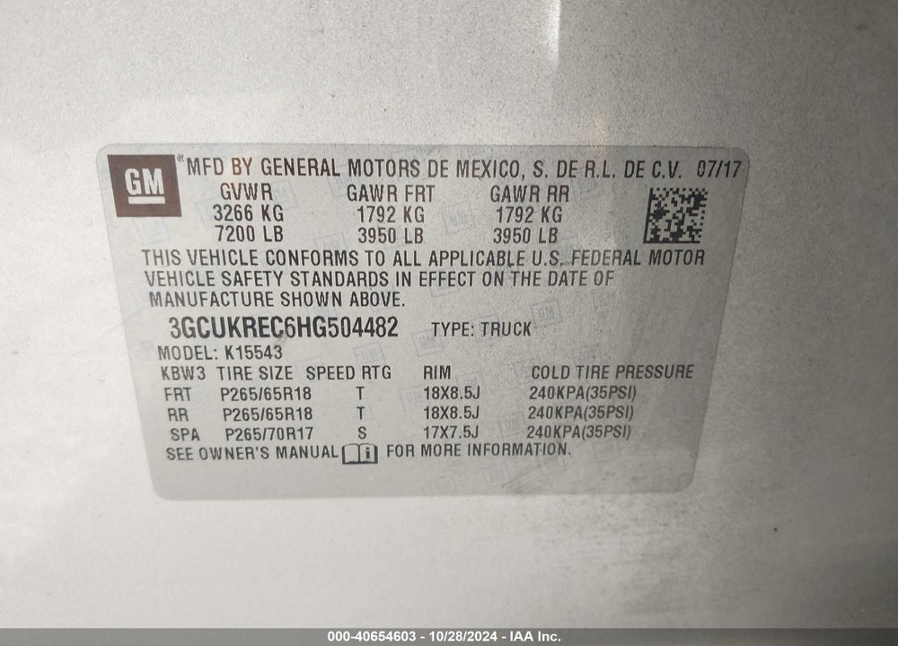 2017 CHEVROLET SILVERADO 1500 2LT VIN: 3GCUKREC6HG504482