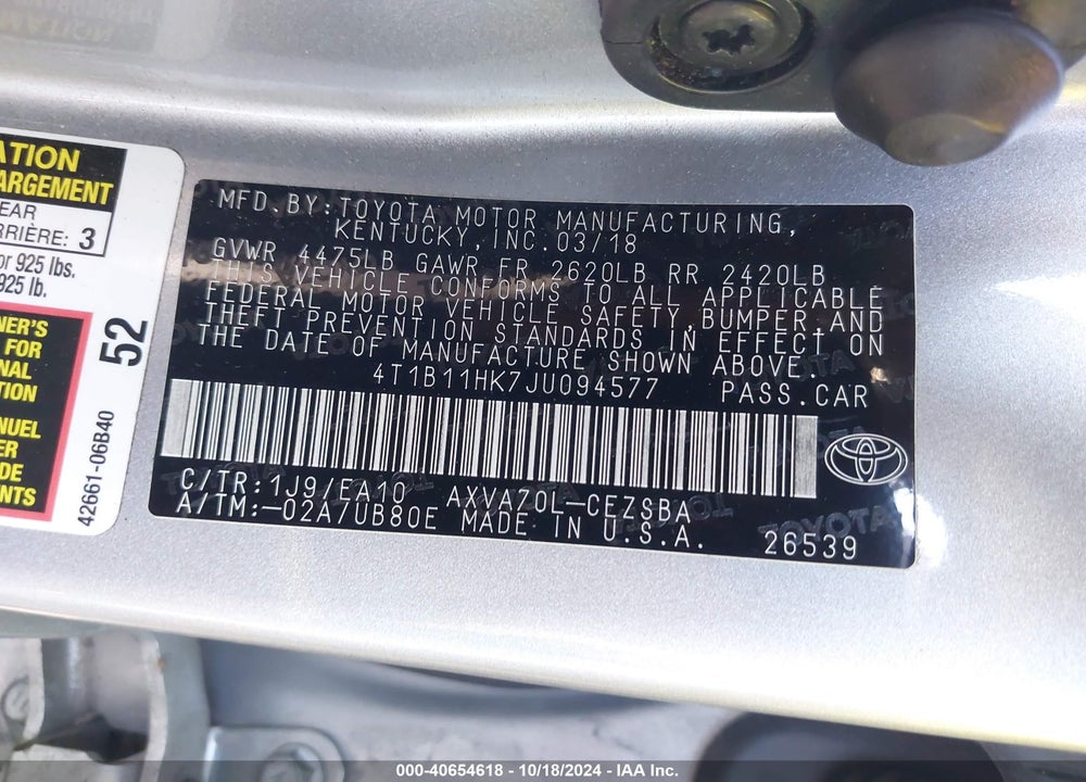 2018 TOYOTA CAMRY SE VIN: 4T1B11HK7JU094577
