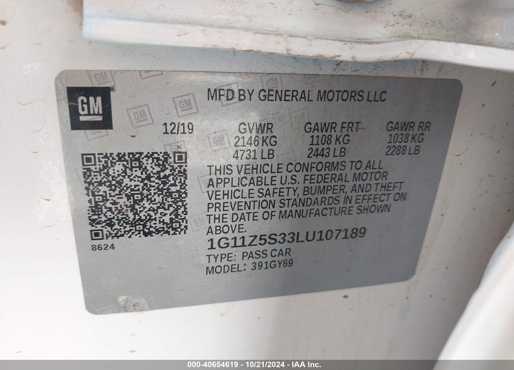 2020 CHEVROLET IMPALA FWD LT VIN: 1G11Z5S33LU107189