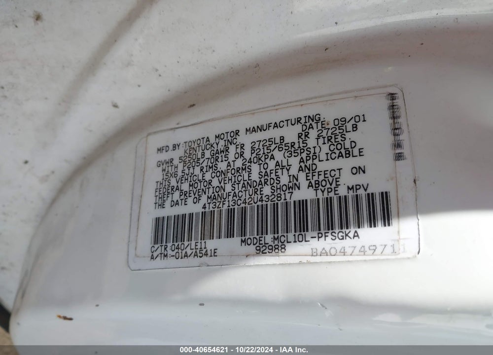 2002 TOYOTA SIENNA VIN: 4T3ZF13C42U432817