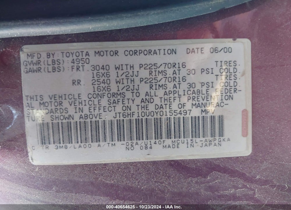 2000 LEXUS RX 300 VIN: JT6HF10U0Y0155497