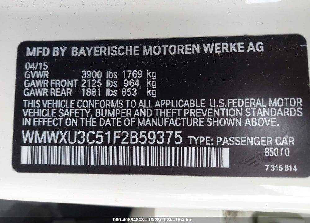 2015 MINI HARDTOP COOPER S VIN: WMWXU3C51F2B59375
