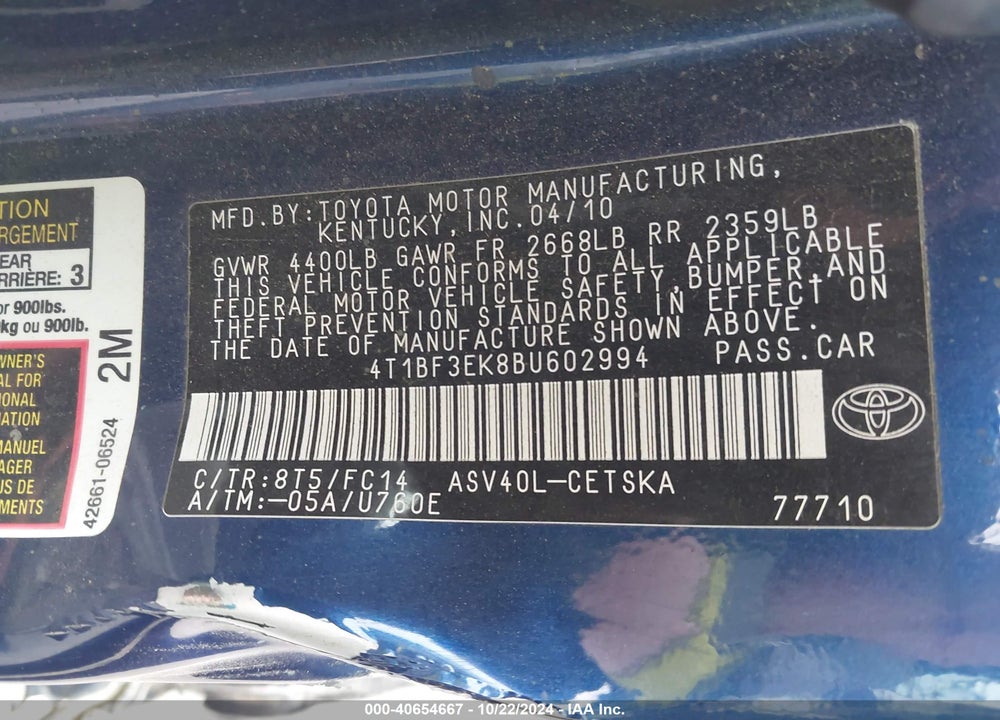 2011 TOYOTA CAMRY SE VIN: 4T1BF3EK8BU602994