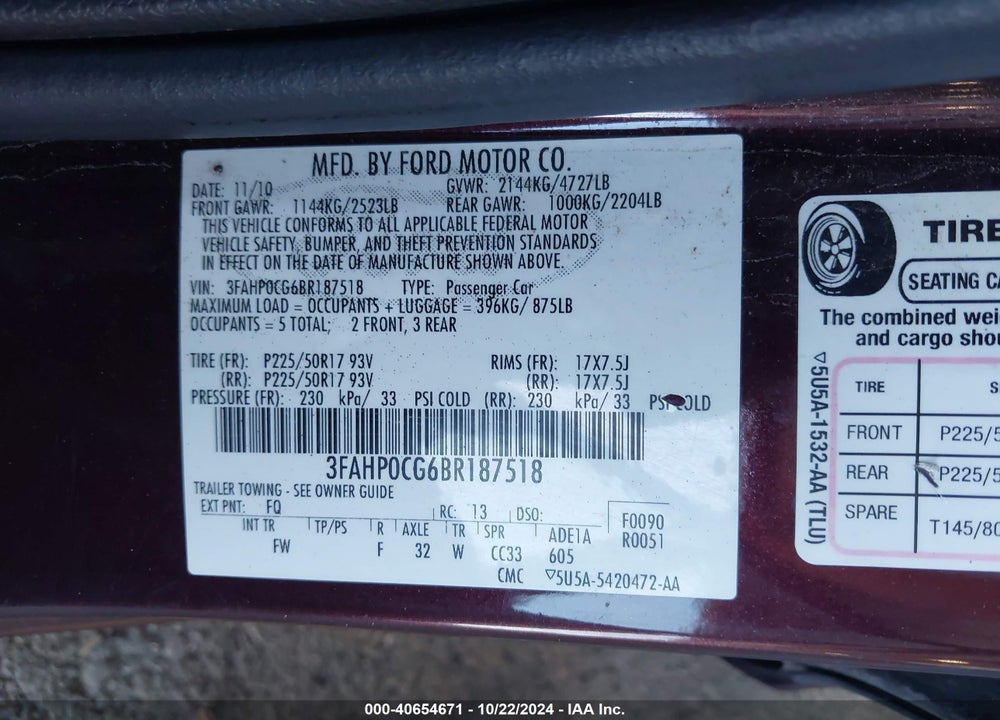 2011 FORD FUSION SEL VIN: 3FAHP0CG6BR187518