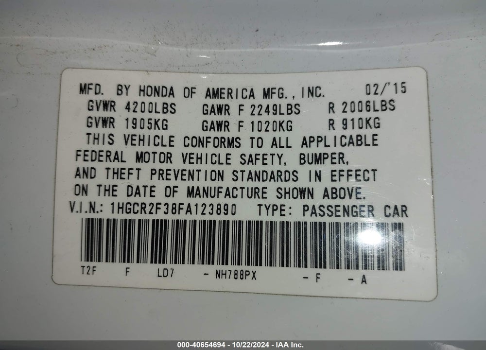 2015 HONDA ACCORD LX VIN: 1HGCR2F38FA123890