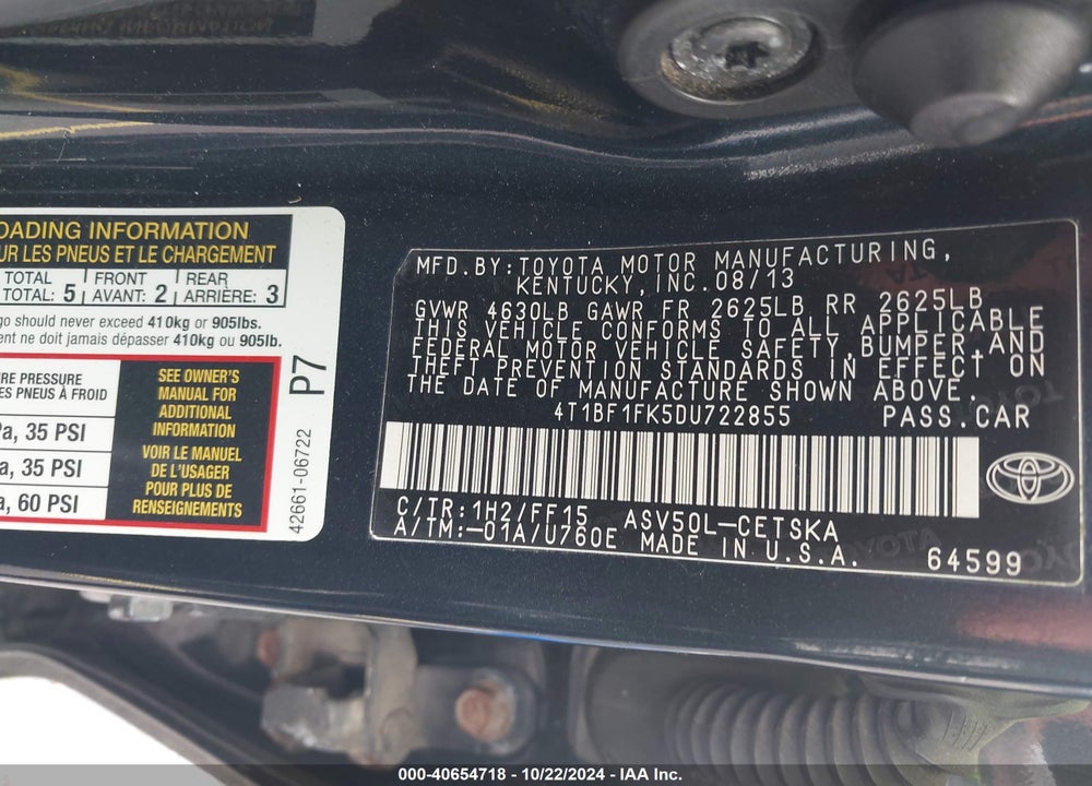 2013 TOYOTA CAMRY SE VIN: 4T1BF1FK5DU722855