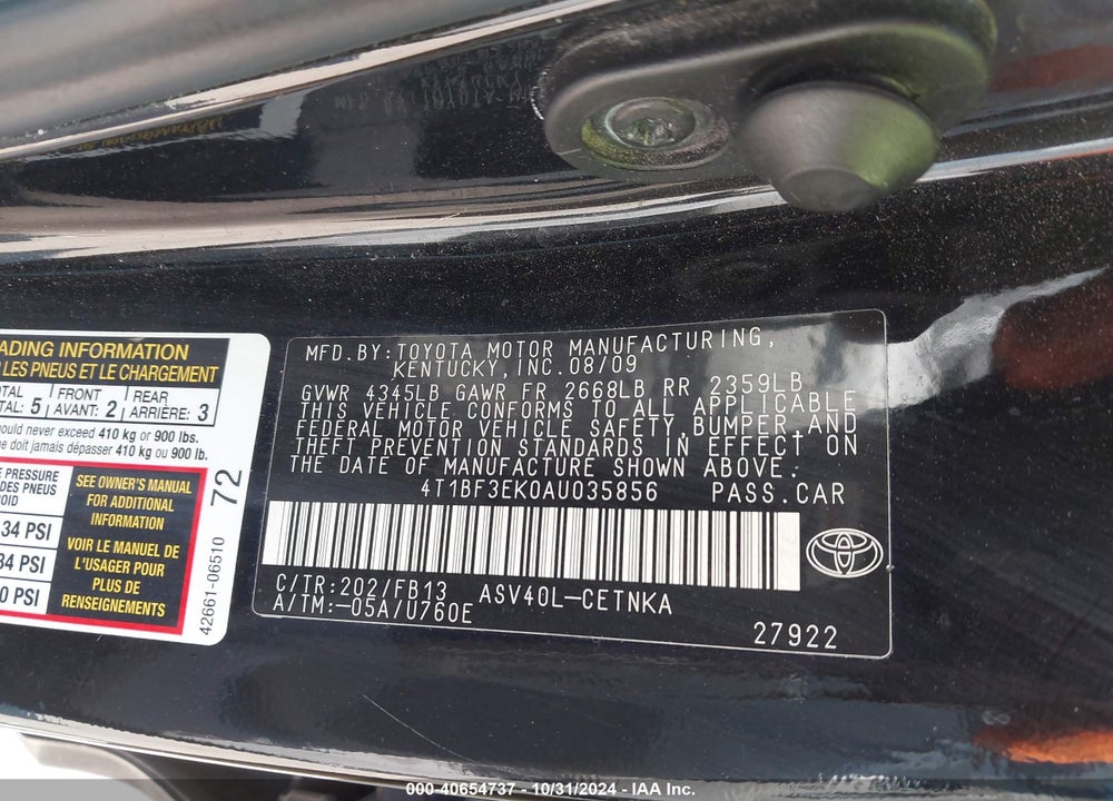 2010 TOYOTA CAMRY VIN: 4T1BF3EK0AU035856
