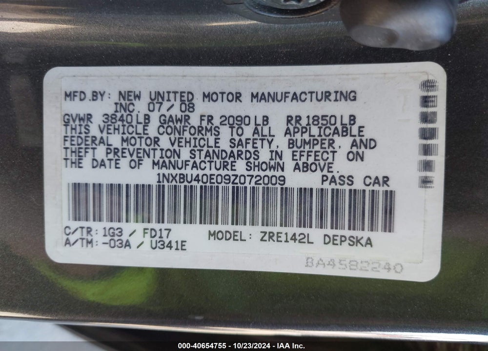 2009 TOYOTA COROLLA S VIN: 1NXBU40E09Z072009