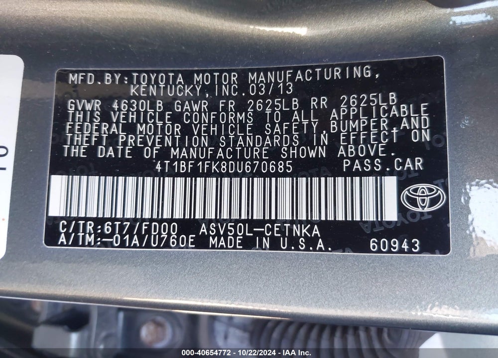 2013 TOYOTA CAMRY LE VIN: 4T1BF1FK8DU670685