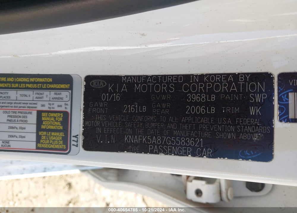 2016 KIA FORTE LX VIN: KNAFK5A87G5583621
