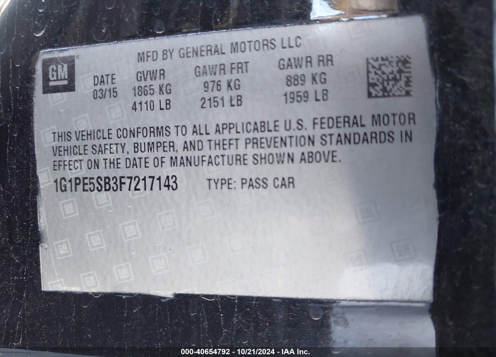 2015 CHEVROLET CRUZE 2LT AUTO VIN: 1G1PE5SB3F7217143