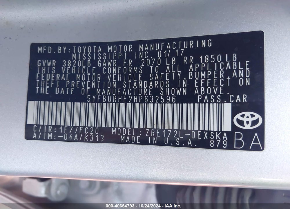 2017 TOYOTA COROLLA SE SPECIAL EDITION VIN: 5YFBURHE2HP632596