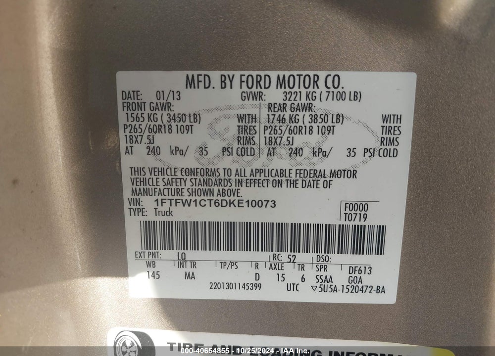 2013 FORD F-150 XLT VIN: 1FTFW1CT6DKE10073
