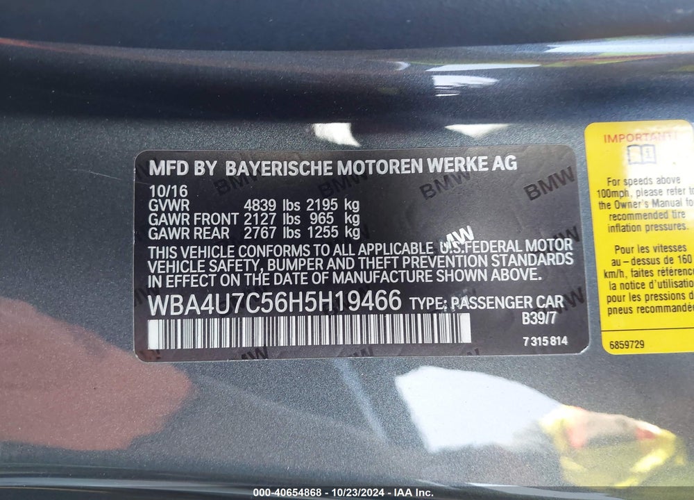 2017 BMW 430I VIN: WBA4U7C56H5H19466